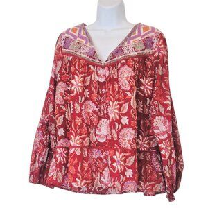 Rachel Zoe Red Boho Embroidered Peasant Top V Neck Cotton Size Small